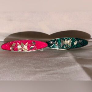 Elegant Vintage Silver and Pink/Green Inlay Earrings